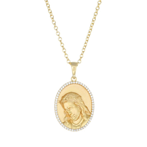 Jesus Christ Medal Necklace in Golden Sterling Silver with Zirconia
