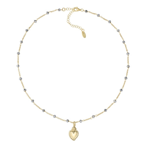 Sacred Heart Necklace in Golden Sterling Silver and Grey Crystals