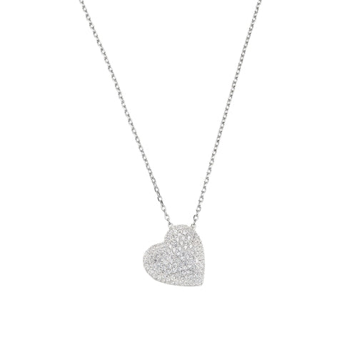 Rounded Heart Charm Necklace in Sterling Silver with White Zirconia