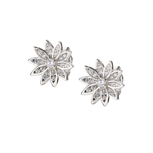 Lotus Stud Earrings in Sterling Silver and White Zirconia